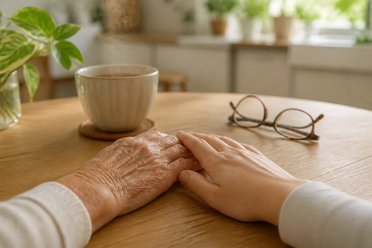 Deux mains, l&rsquo;une âgée et l&rsquo;autre plus jeune, posées côte à côte sur une table en bois