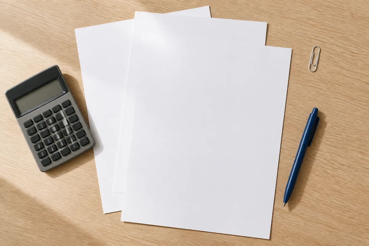 Documents administratifs et calculatrice posés sur un bureau, vus de dessus