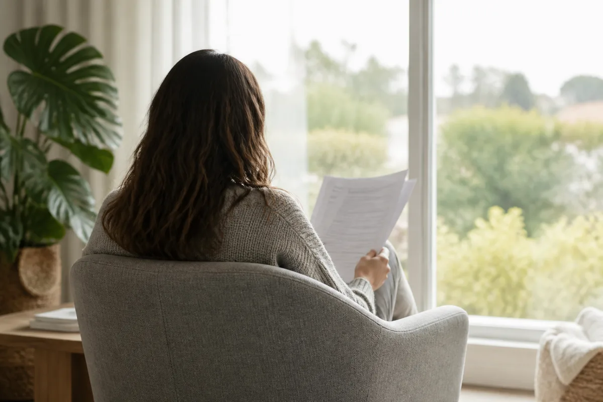 Personne consultant des papiers près d&rsquo;une fenêtre, de dos, dans un salon lumineux