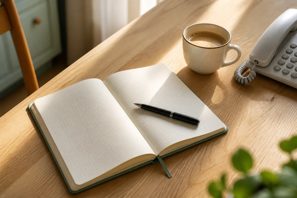 Table de cuisine avec un agenda ouvert, un stylo et une tasse, lumière du matin