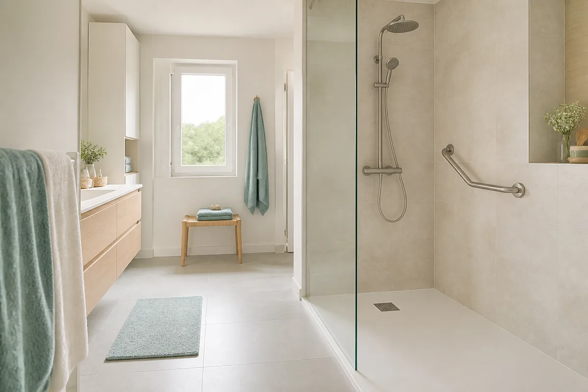 Salle de bain claire équipée d’une douche de plain-pied et d’une barre d’appui murale