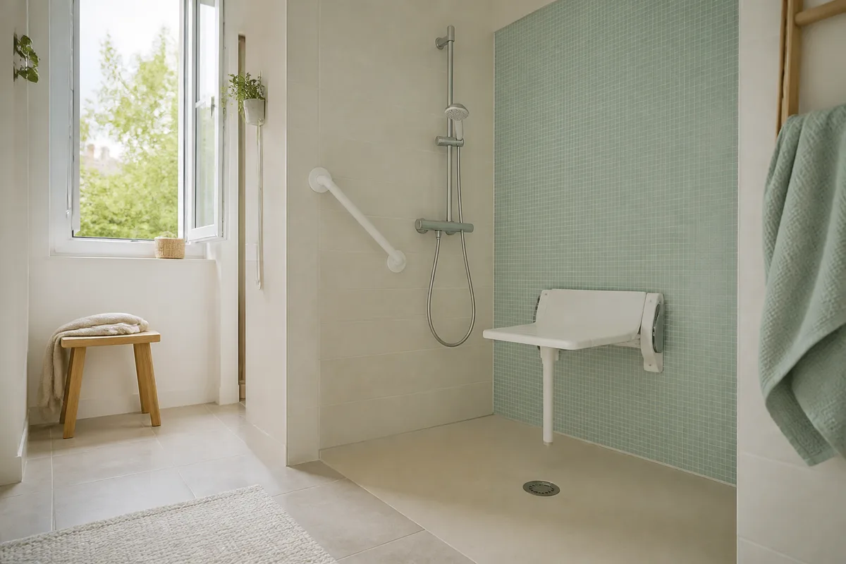 Barre d’appui inclinée et siège rabattable installés dans une douche accessible