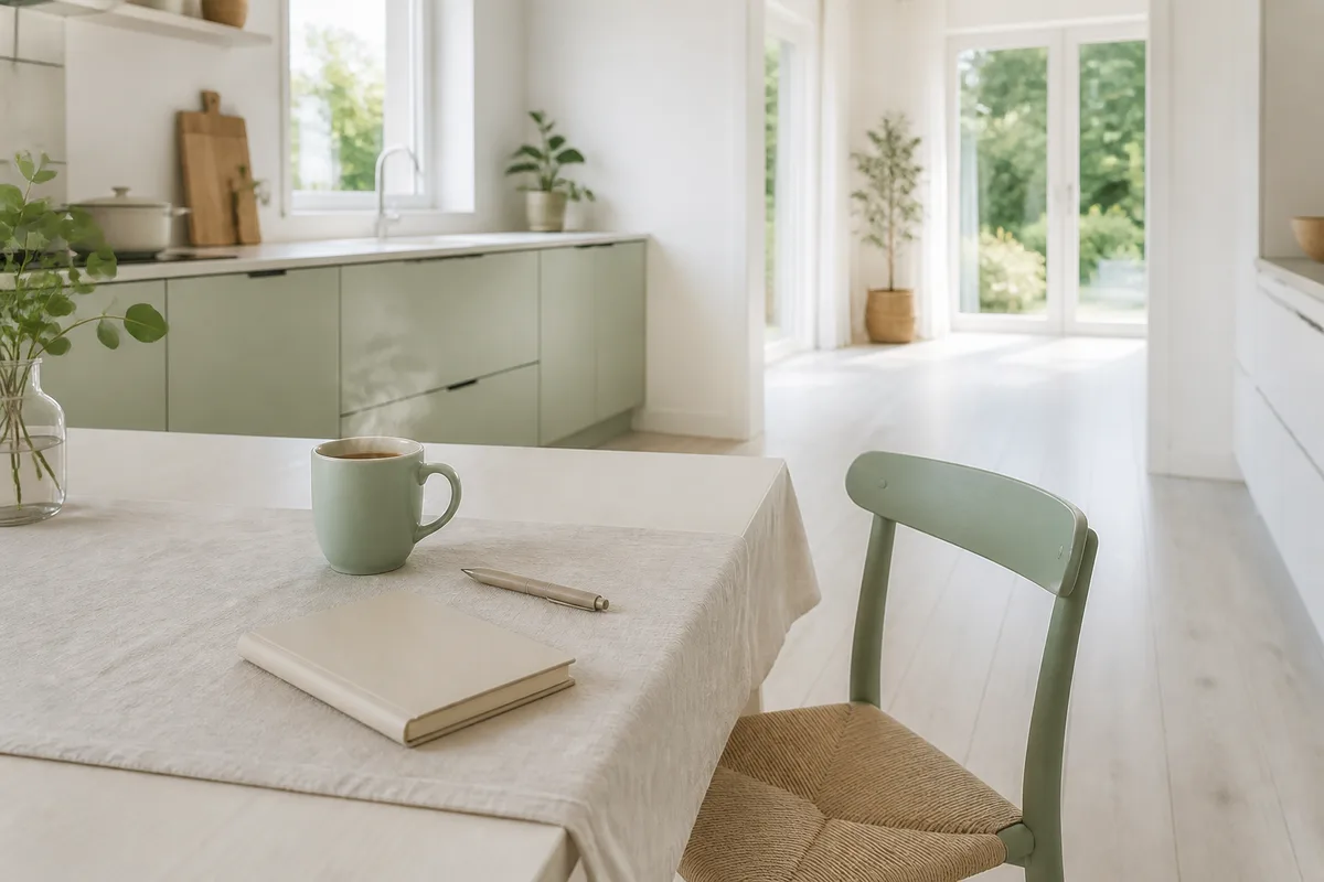 Carnet ouvert et calendrier posés sur une table de cuisine, avec une tasse de café