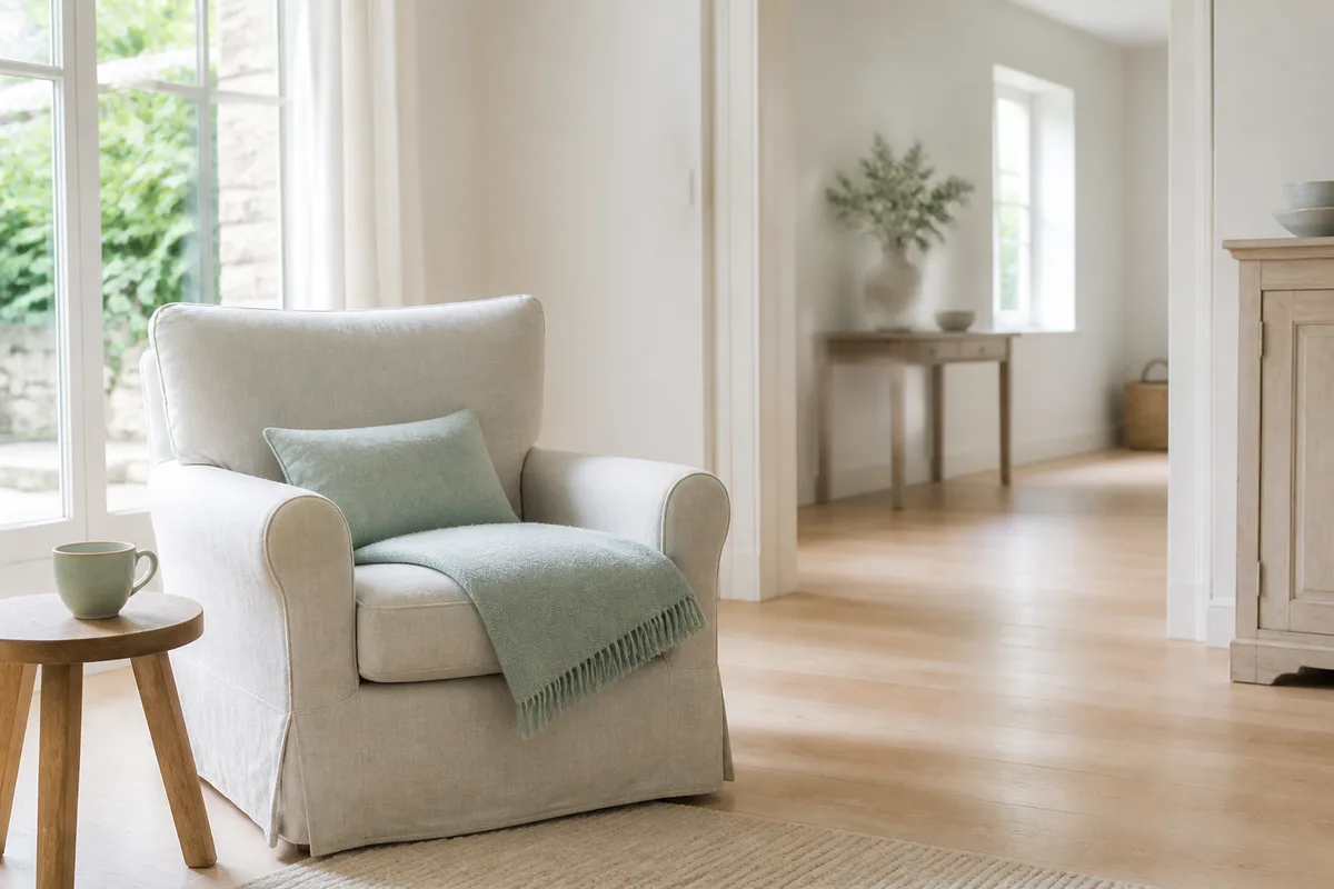 Personne assise dans un fauteuil, tasse à la main, profitant d’un moment de calme