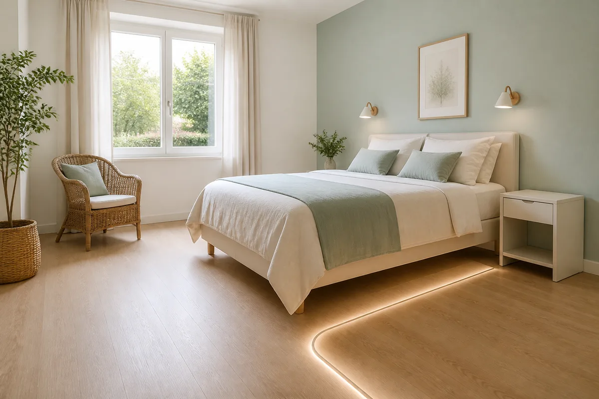 Chambre sobre avec lit à bonne hauteur, chemin lumineux au sol et table de chevet dégagée