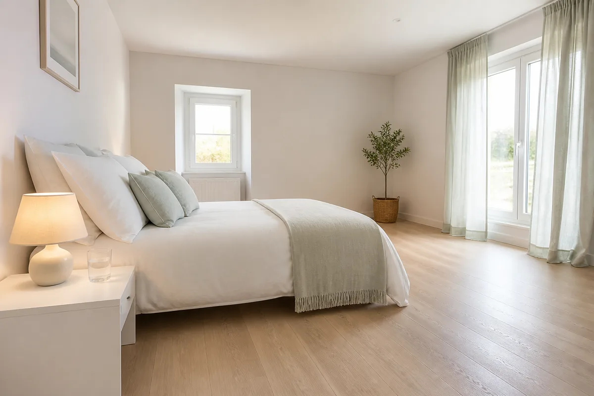Table de chevet accessible avec lampe à portée de main et téléphone posé à côté