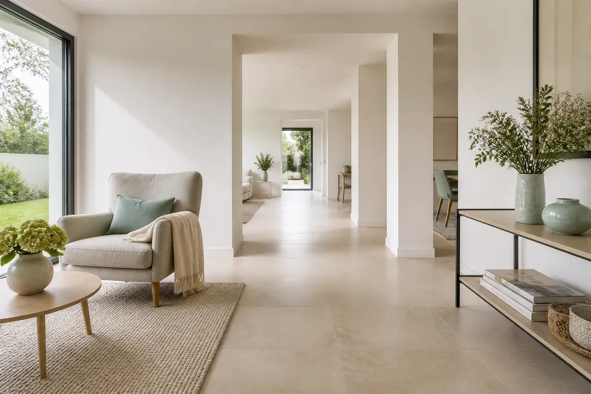 Chambre lumineuse avec une lampe de chevet allumée, un fauteuil à accoudoirs et un couloir dégagé vers la porte