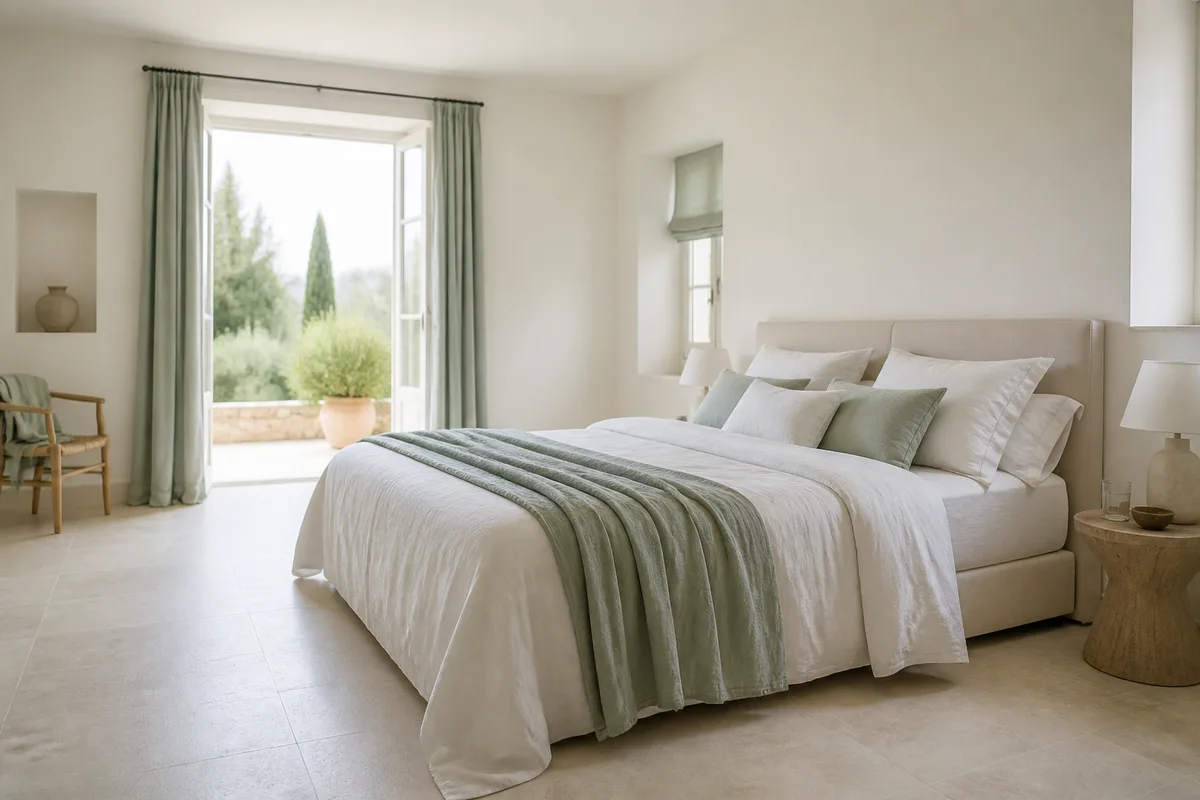 Lit soigneusement fait avec des draps en coton clair et une couette légère