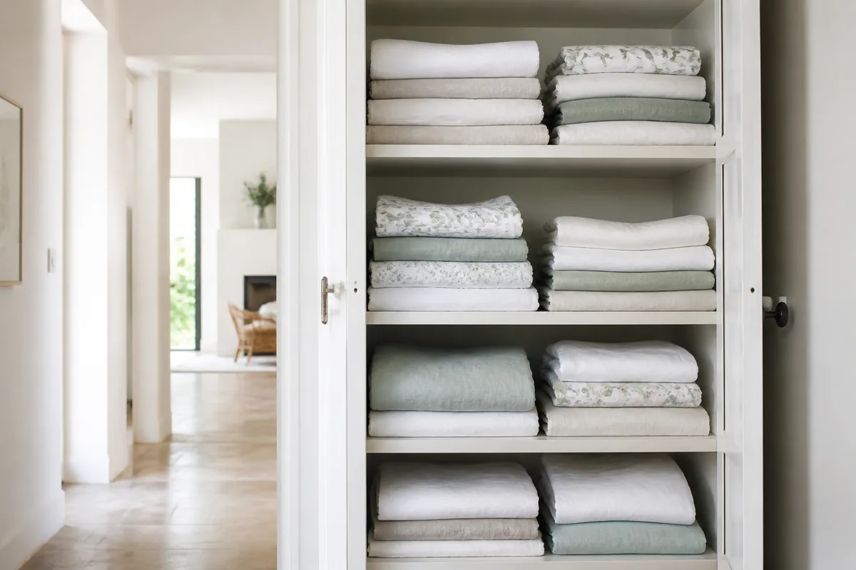 Draps propres pliés dans un placard à linge bien rangé