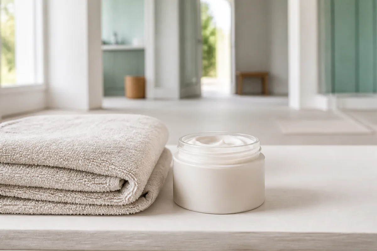 Mains d’une personne âgée appliquant délicatement une crème hydratante sur l’avant-bras