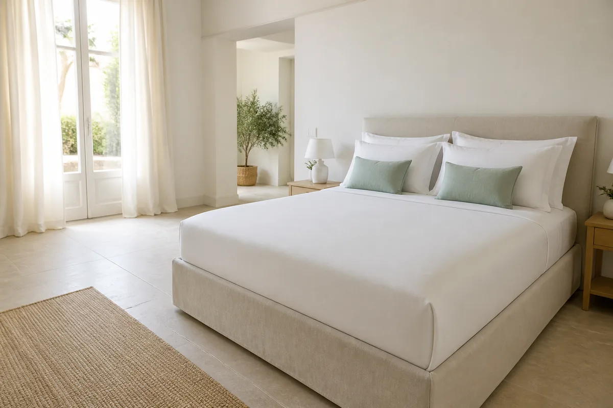 Draps en coton doux soigneusement tendus sur un lit, sans pli sous le corps
