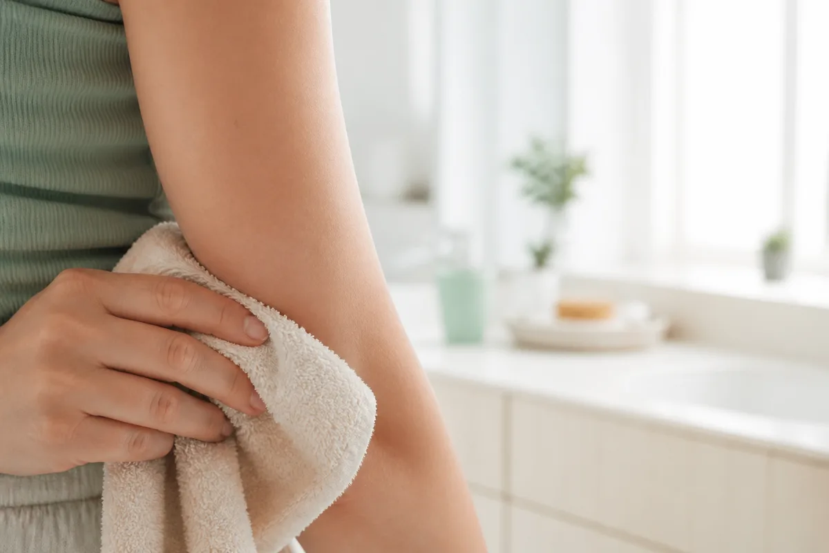 Serviette douce tamponnant délicatement un pli de peau après la toilette