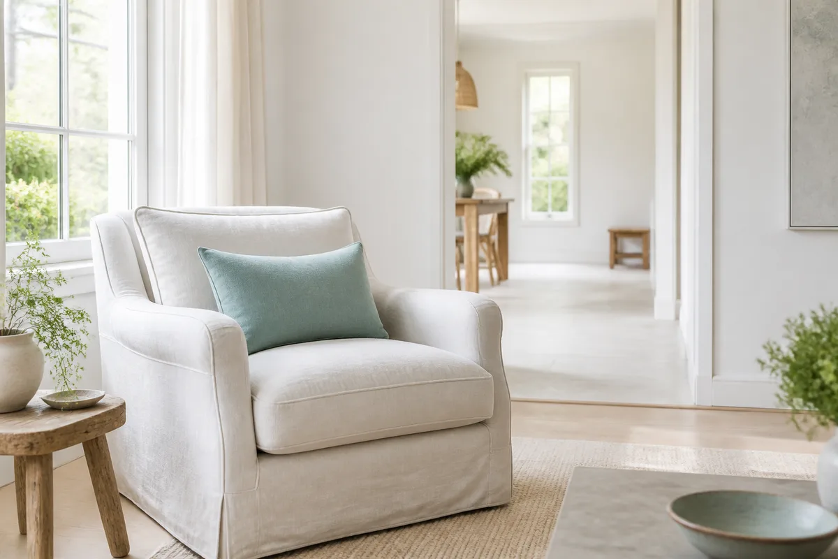 Fauteuil confortable avec coussin, près d’une fenêtre, dans un intérieur lumineux
