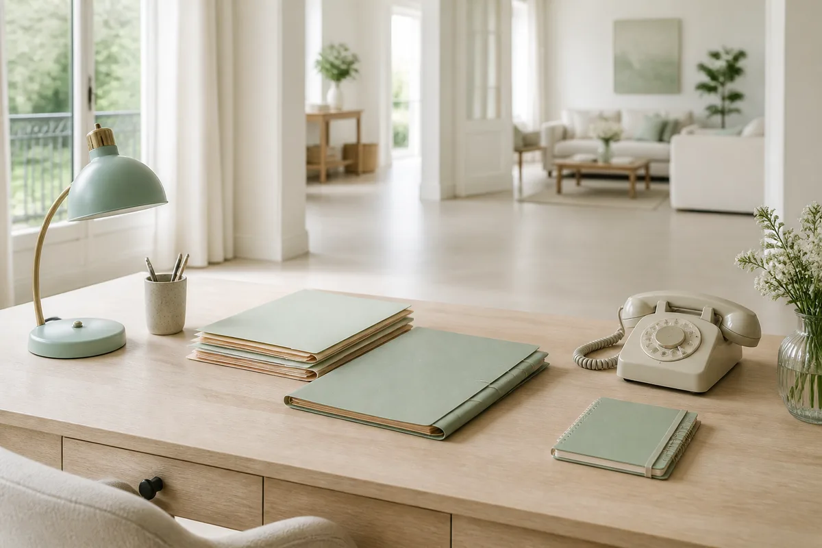Bureau avec dossiers, téléphone et carnet de contacts, dans une pièce lumineuse