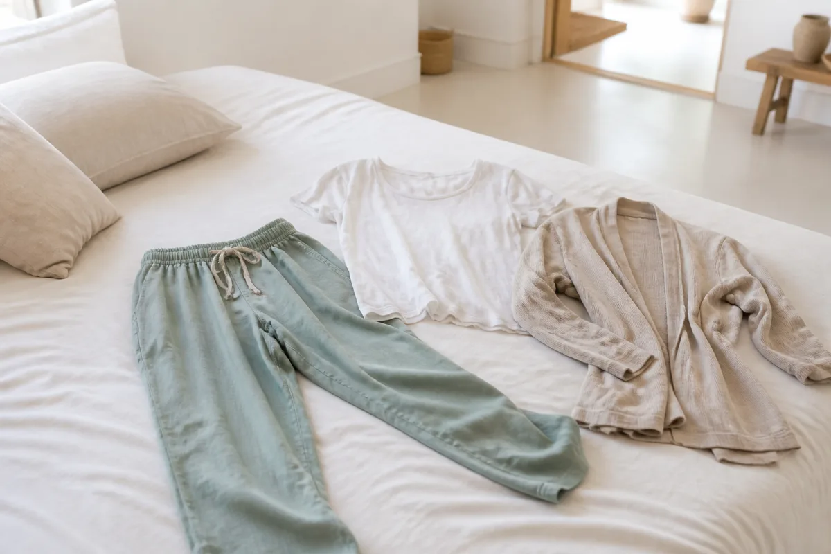 Vêtements souples posés sur un lit, prêts pour l’habillage du matin