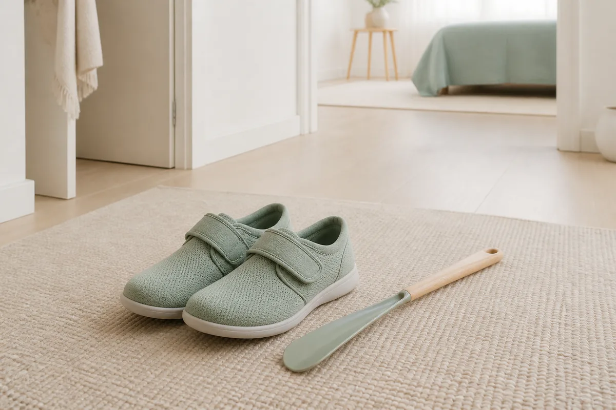 Chaussures fermées à fermeture auto-agrippante posées près d’un chausse-pied à long manche